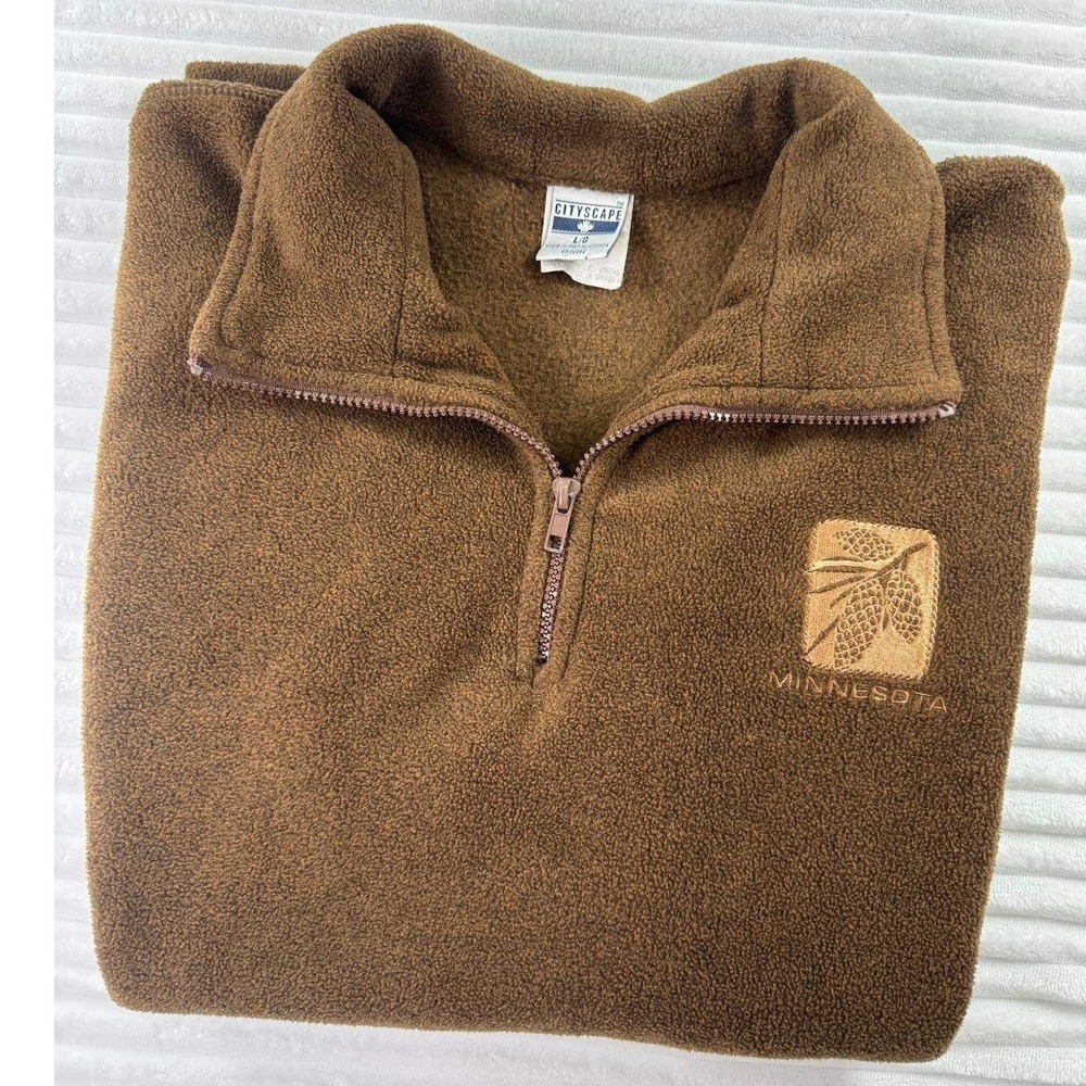 Vintage Cityscape Men L Brown Embroidered Minnesota Pinecone Quarter Zip Fleece